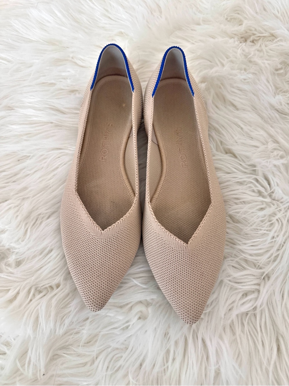 Rothy's Pointed Knit Flats in Beige with Blue Trim